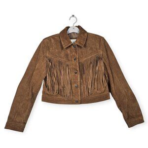 American Eagle Fringe Leather Jacket Small Brown Western Trucker Women Suede